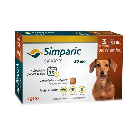 Antipulgas Simparic 20mg. 5,1 a 10kg, 3 comprimidos